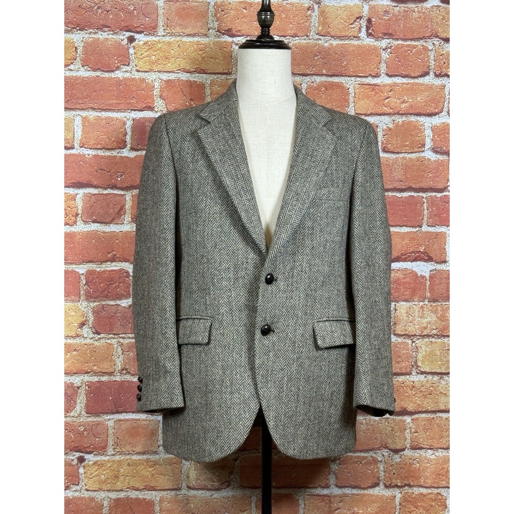 Vintage Harris‎ Tweed Handwoven Scottish Wool Brown Herringbone Blazer 42R